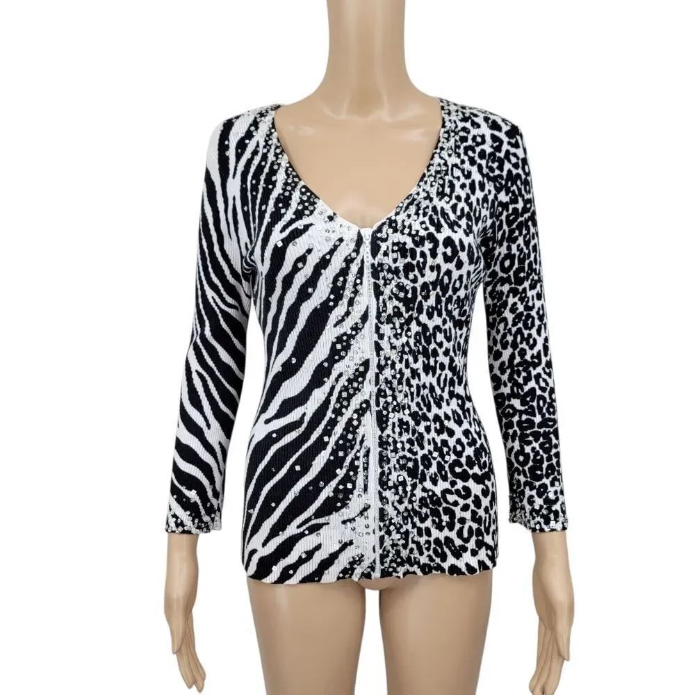 Berek Y2K Black and White Animal Print Women's Zipper Cardigan Beaded Sequins
